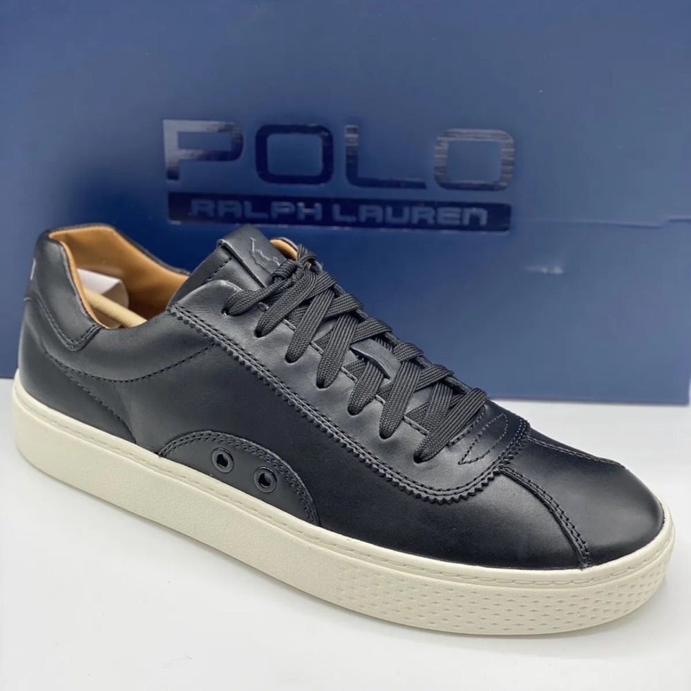 POLO Ralph Lauren Court 100‎ Lux Black Leather Sneakers Men Size 8.5 New